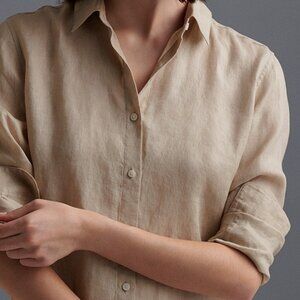 UNIQLO WOMEN'S PREMIUM 100% LINEN BUTTON DOWN LONG SLEEVE SHIRT BEIGE  XS NEW